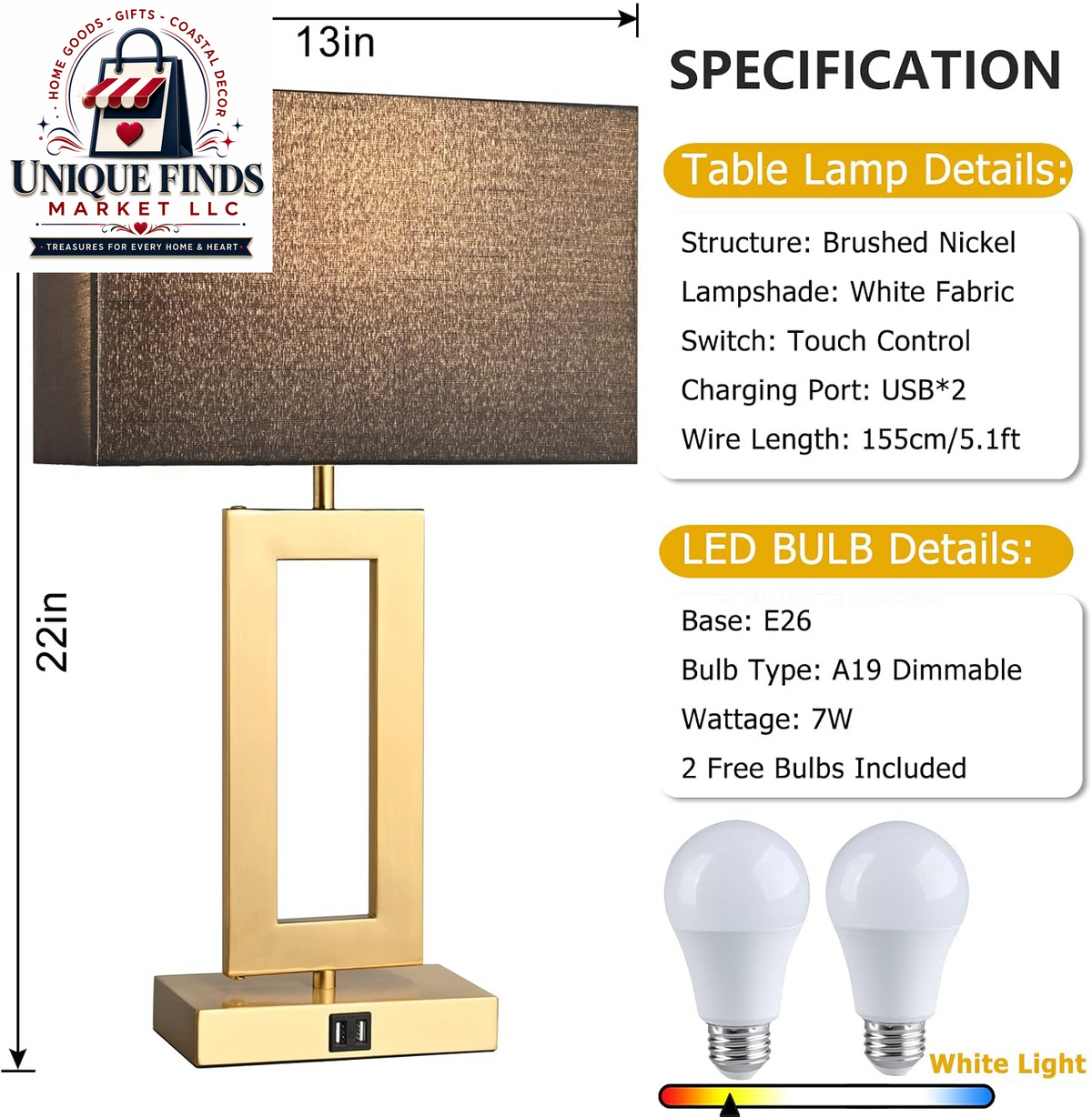 Set of 2 Modern 22'' Black and Gold Touch Control Table Lamps with USB Ports, 3-Way Dimmable Function and LED Bulbs Included, Ideal for Bedrooms and Living Room End Tables