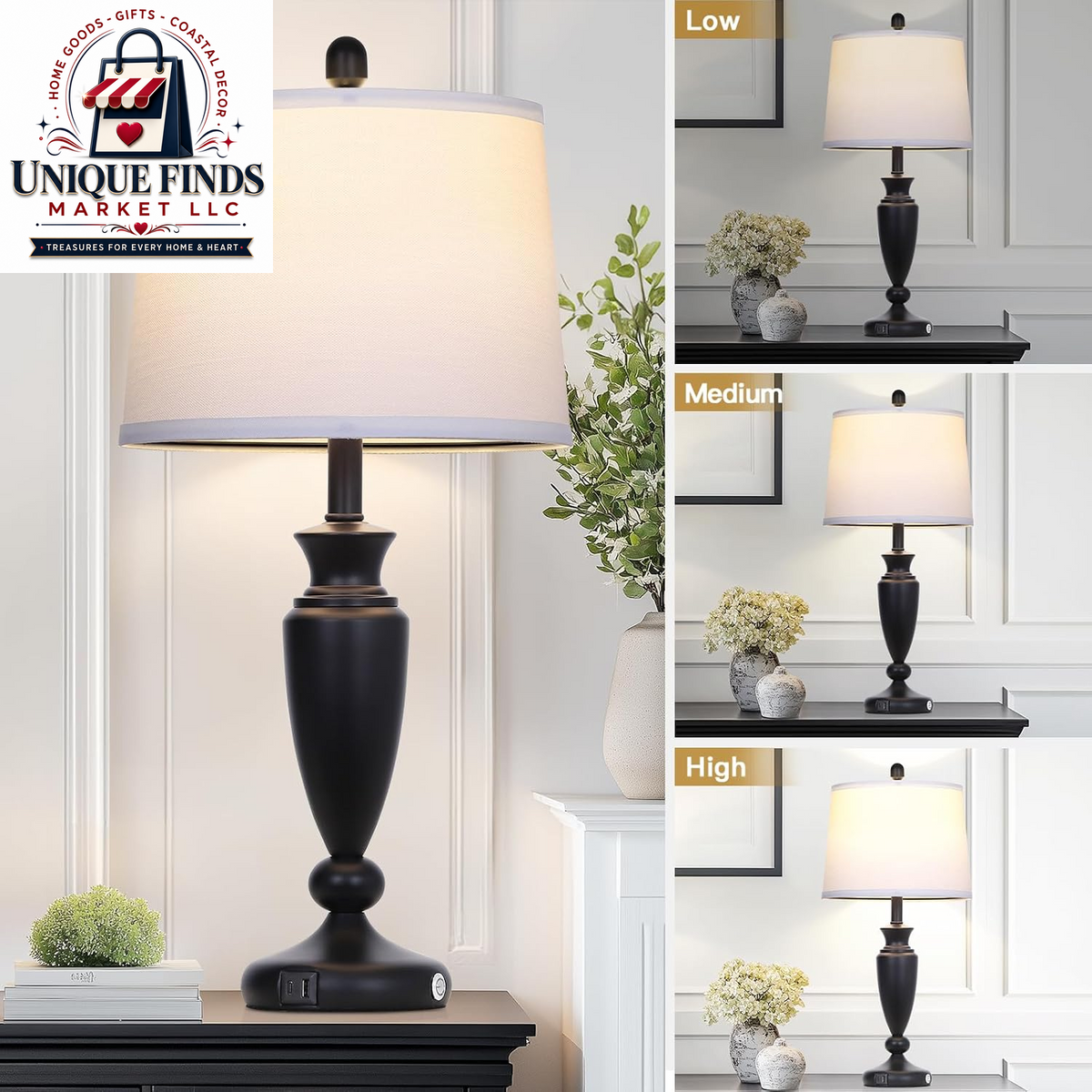 Rinweey 27-Inch Black Table Lamps Set of 2 with 3-Way Touch Control and USB A+C Ports, Modern Metal Nightstand Lamps for Living Room, Bedroom, and Office Decor