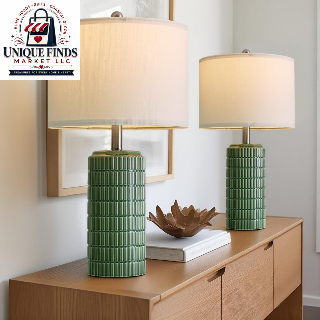 Pokat Set of 2 Modern 24" Ceramic Table Lamps in Green for Bedroom and Living Room Decor