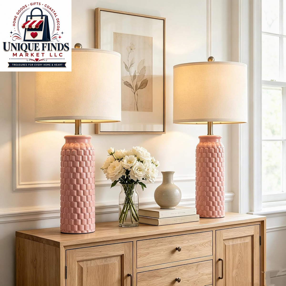 Usumkky Set of 2 27" Ceramic Table Lamps - Modern Farmhouse and Boho Style Bedside Nightstand Lighting for Bedroom and Living Room, Compact Desk Lamps (Pink)