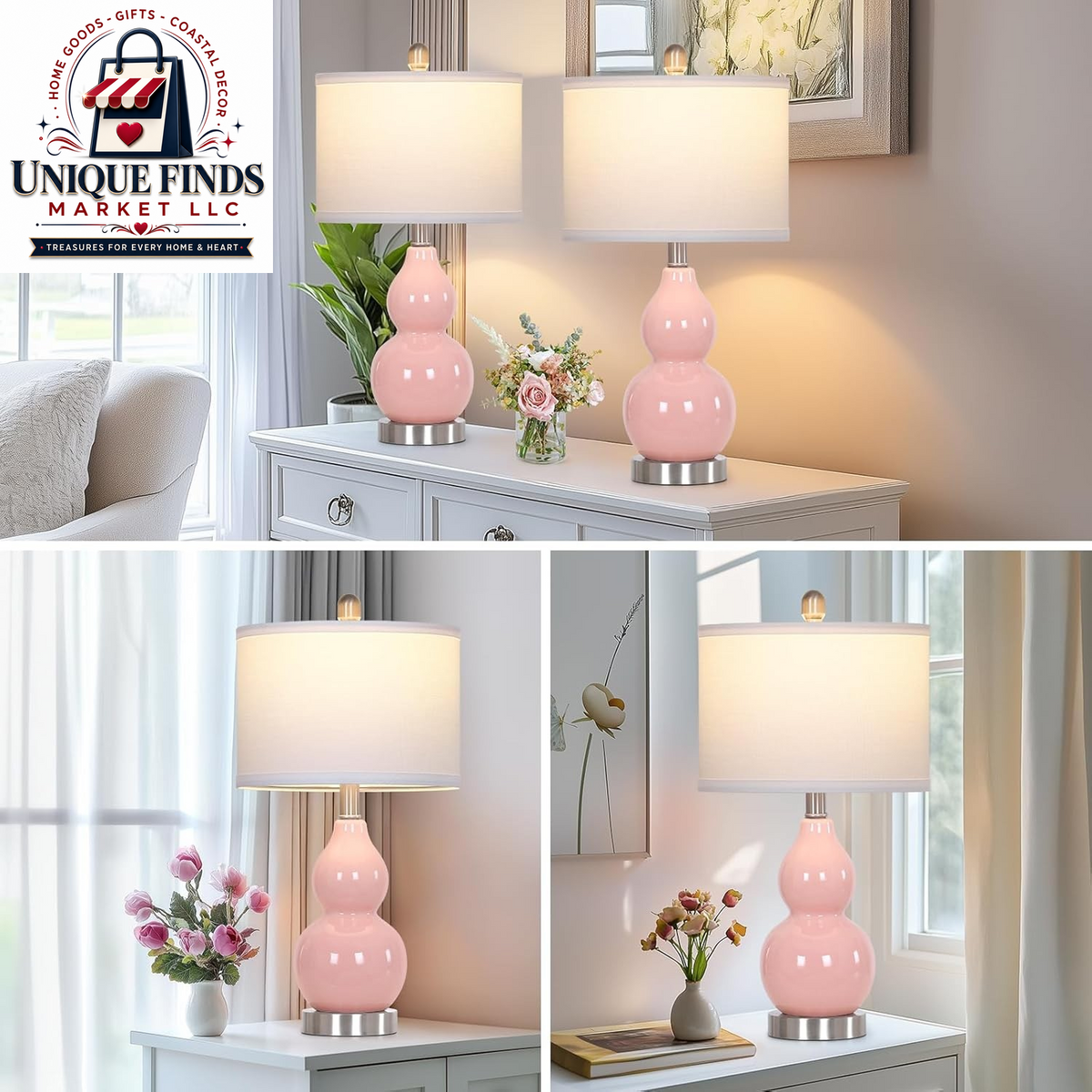 Double Gourd Ceramic Table Lamps Set of 2 Pink Bedside Nightstand Lamps Decor