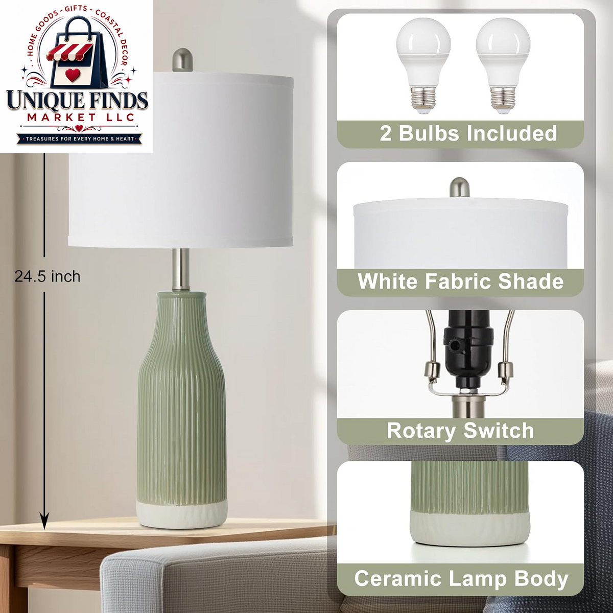 Set of 2 Sage Green 24.5" Ceramic Table Lamps for Bedroom and Living Room, Ideal for Nightstands and End Tables (Includes 2 LED Bulbs)