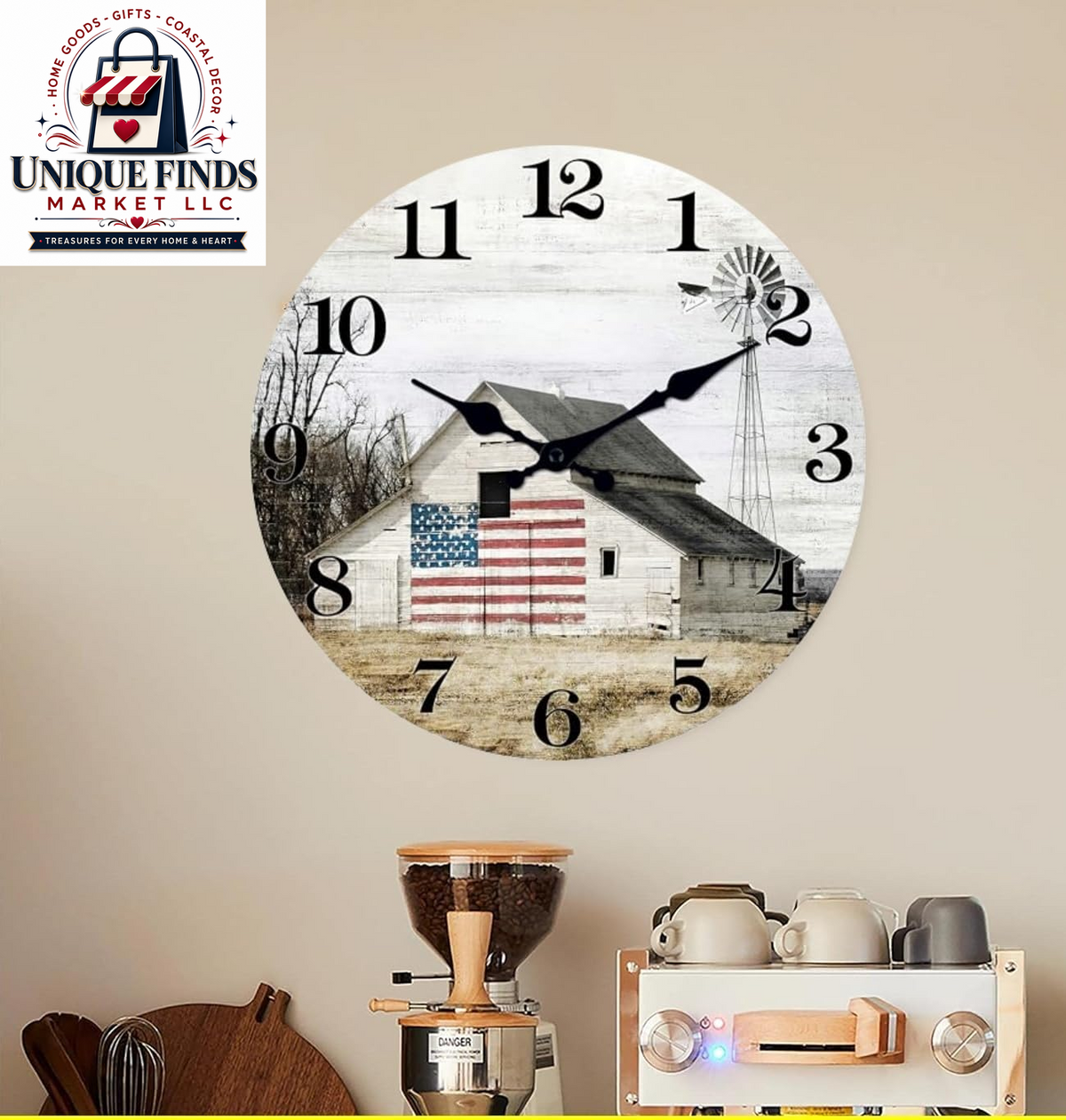 XFM 12-Inch Battery-Operated Rustic Farmhouse Wall Clock with Silent Mechanism