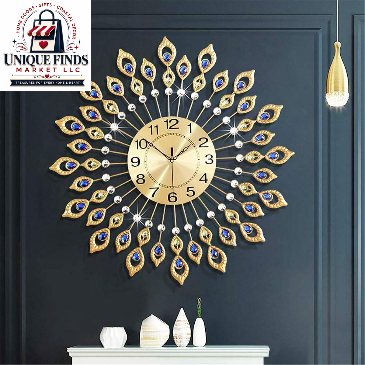 21.2-Inch Elegant Gold Large Wall Clock for Living Room Decor, Modern 3D Design with Arabic Numerals, Non-Ticking Silent Mechanism, Diamond Round Kitchen Clock