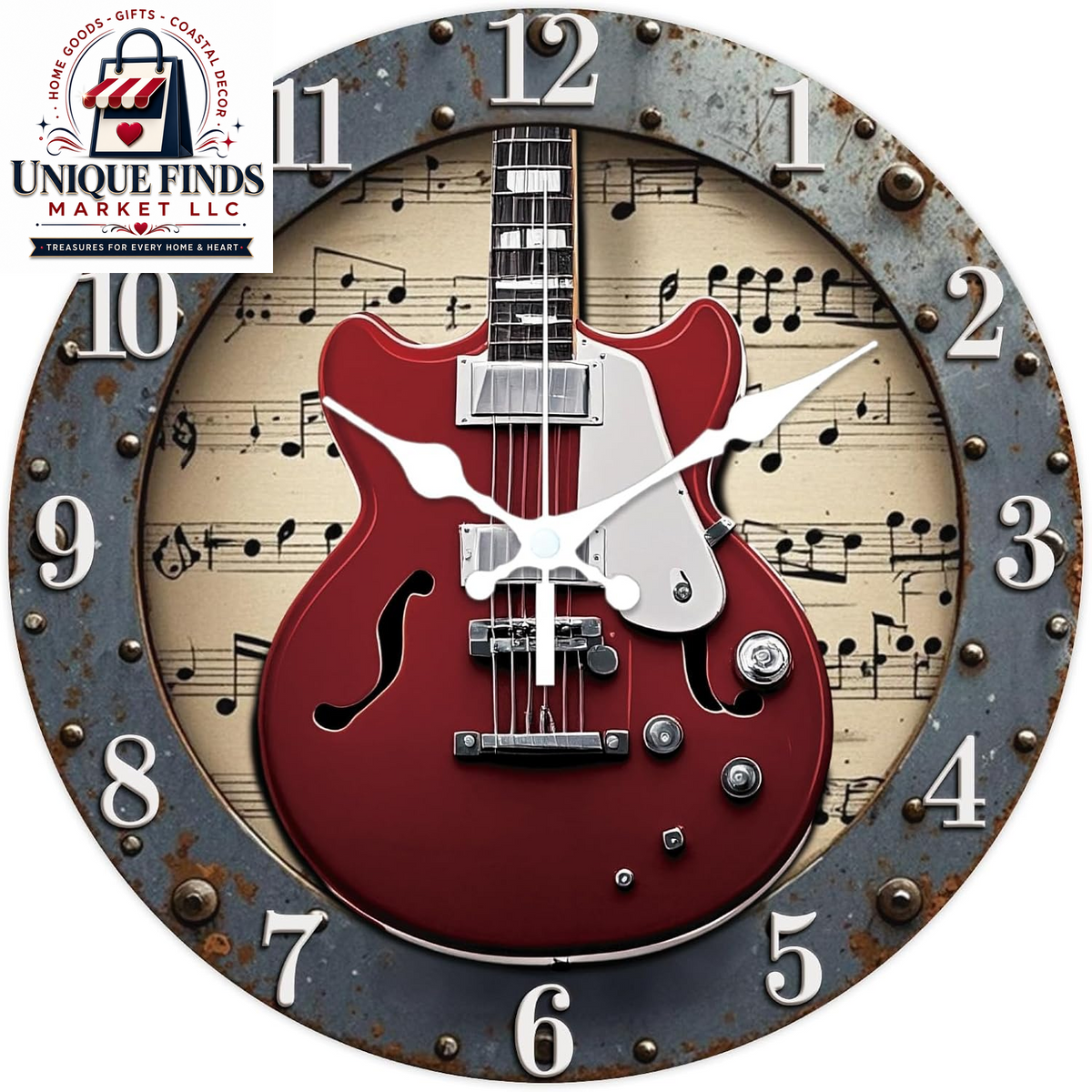CHGCRAFT Industrial-Style 12-Inch Round Wall Clock with Guitar Pattern