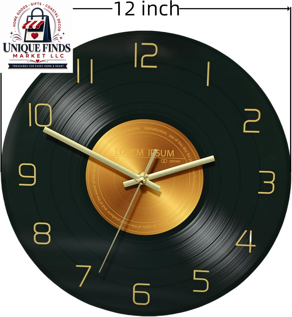 12-Inch Classic Glass Wall Clock with Music Record Design - Silent, Non-Ticking Battery Operated Clock for Living Room Decor (Size A)