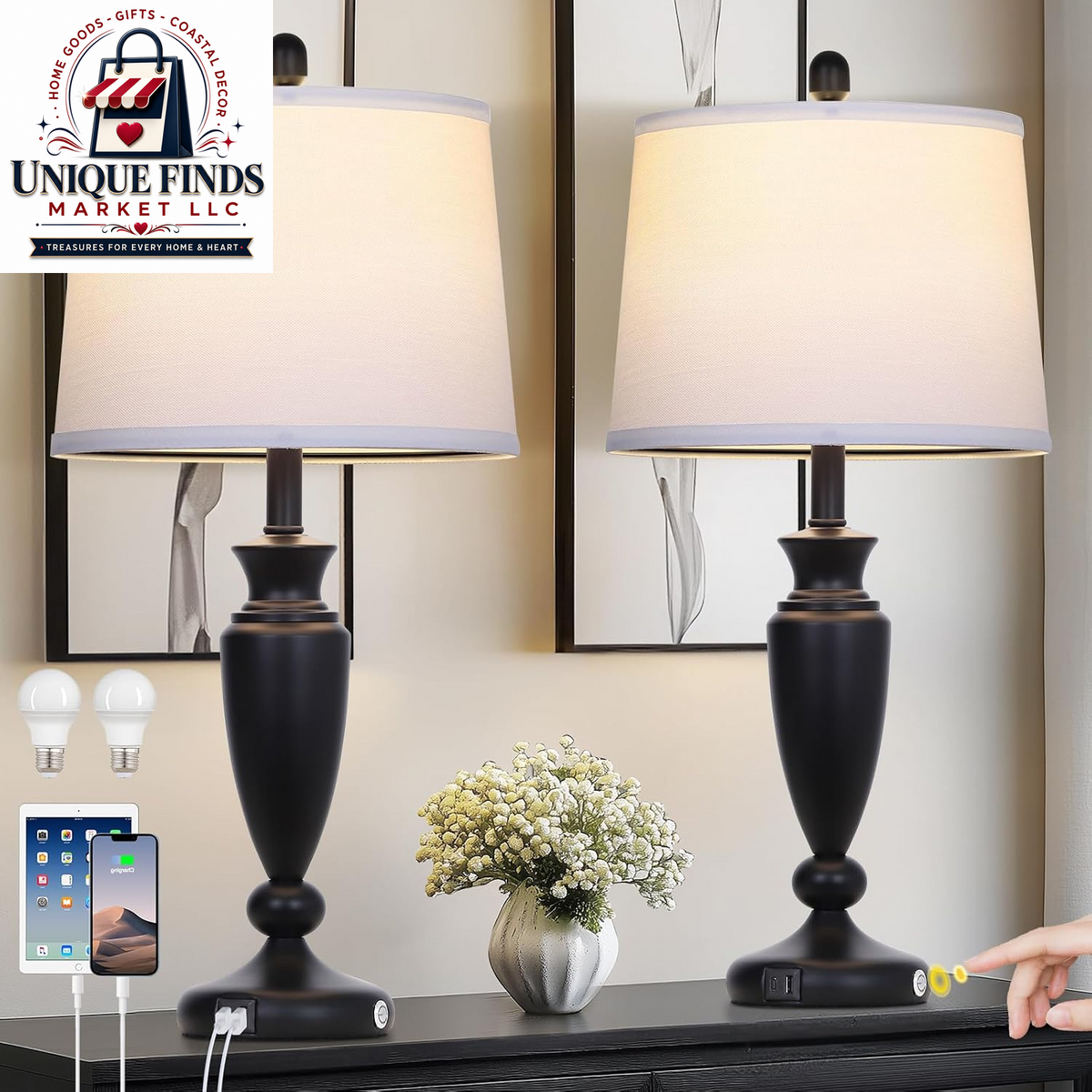 Rinweey 27-Inch Black Table Lamps Set of 2 with 3-Way Touch Control and USB A+C Ports, Modern Metal Nightstand Lamps for Living Room, Bedroom, and Office Decor