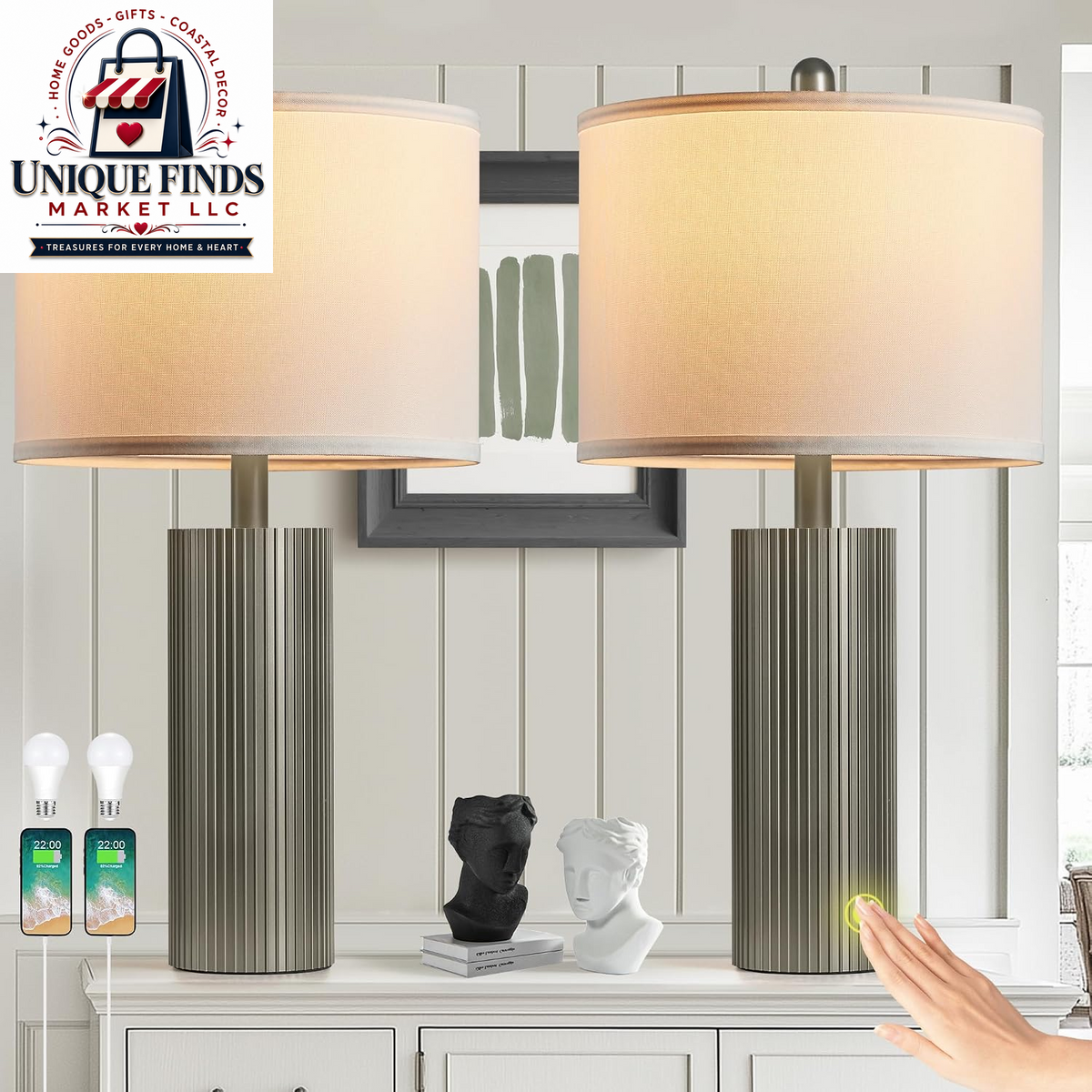 Set of 2 Touch Control 24.5” Silver Table Lamps for Living Room