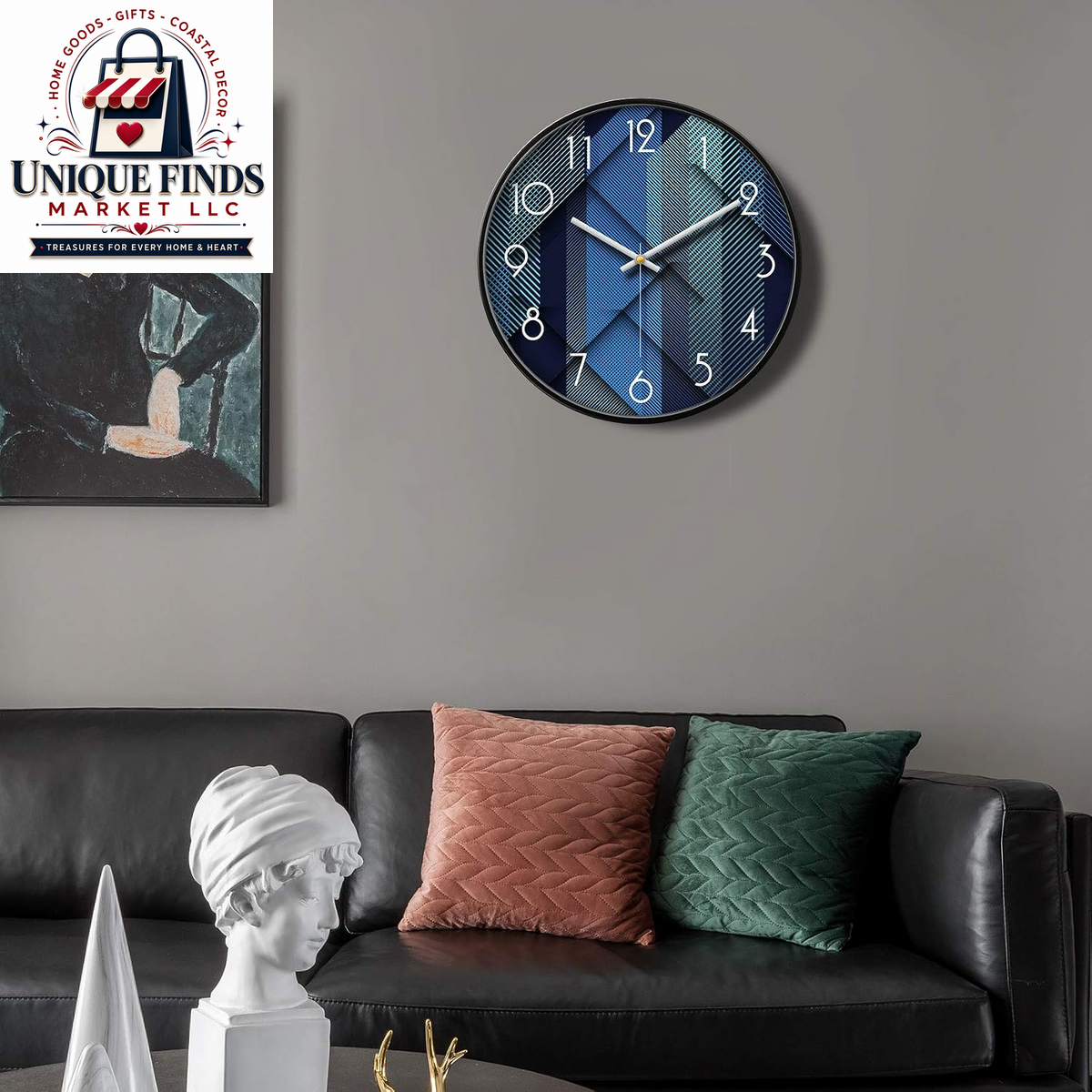 Silent Non-Ticking 12-Inch Analog Wall Clock with Geometric Blue Print Design