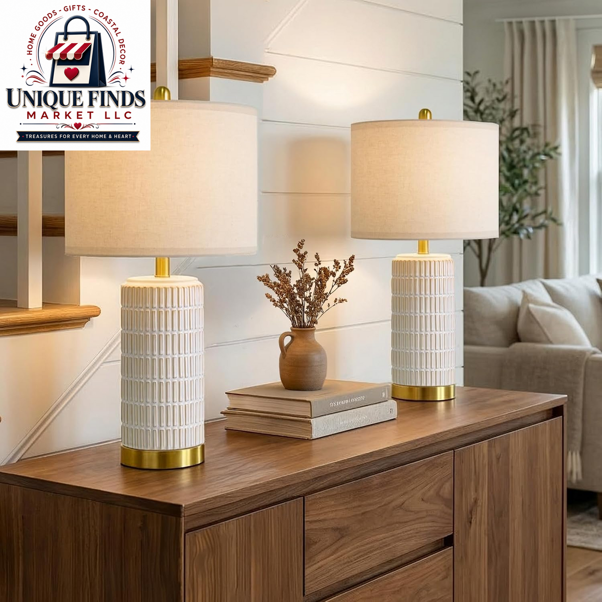 Pokat Set of 2 Ceramic Table Lamps, 21.5'' White, Ideal for Bedroom and Living Room
