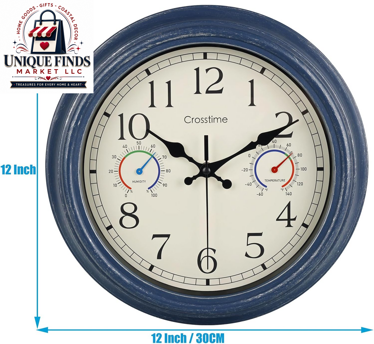 Crosstime 12-Inch Indoor/Outdoor Retro Wall Clock - Battery Operated and Silent, Blue