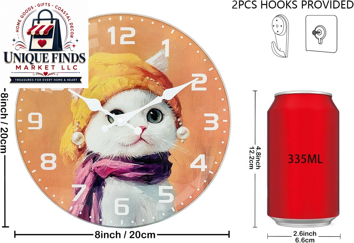 Elegant 8-Inch Cat-Themed Glass Wall Clock - Battery Operated, Silent Non-Ticking Analog Design for Home and Office Decor