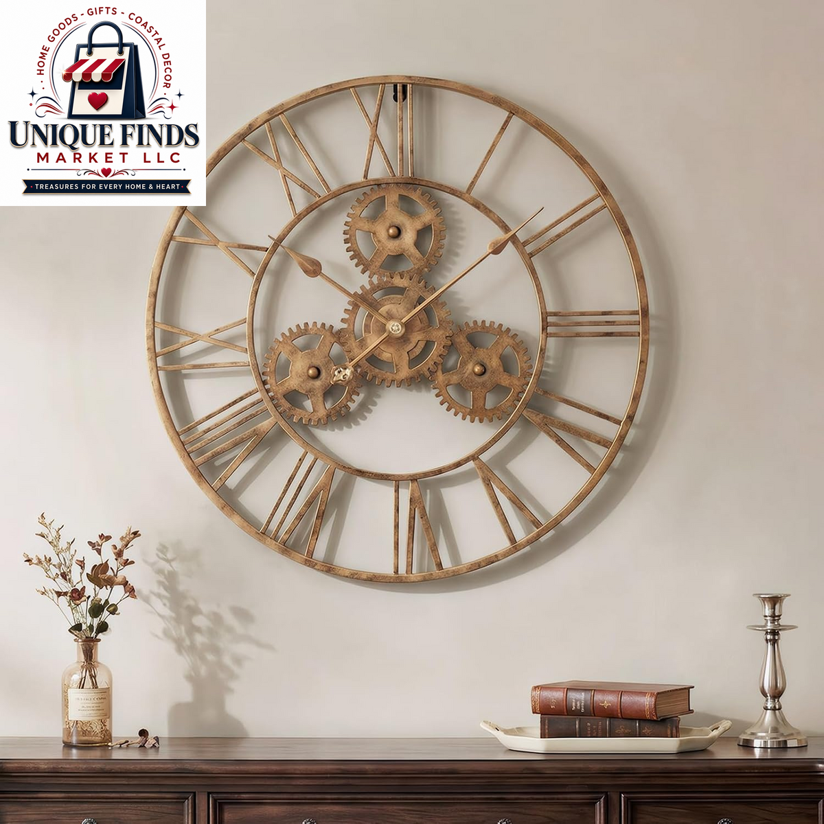 Cuspin 24-Inch Gold Metal Wall Clock for Elegant Living Room Decor