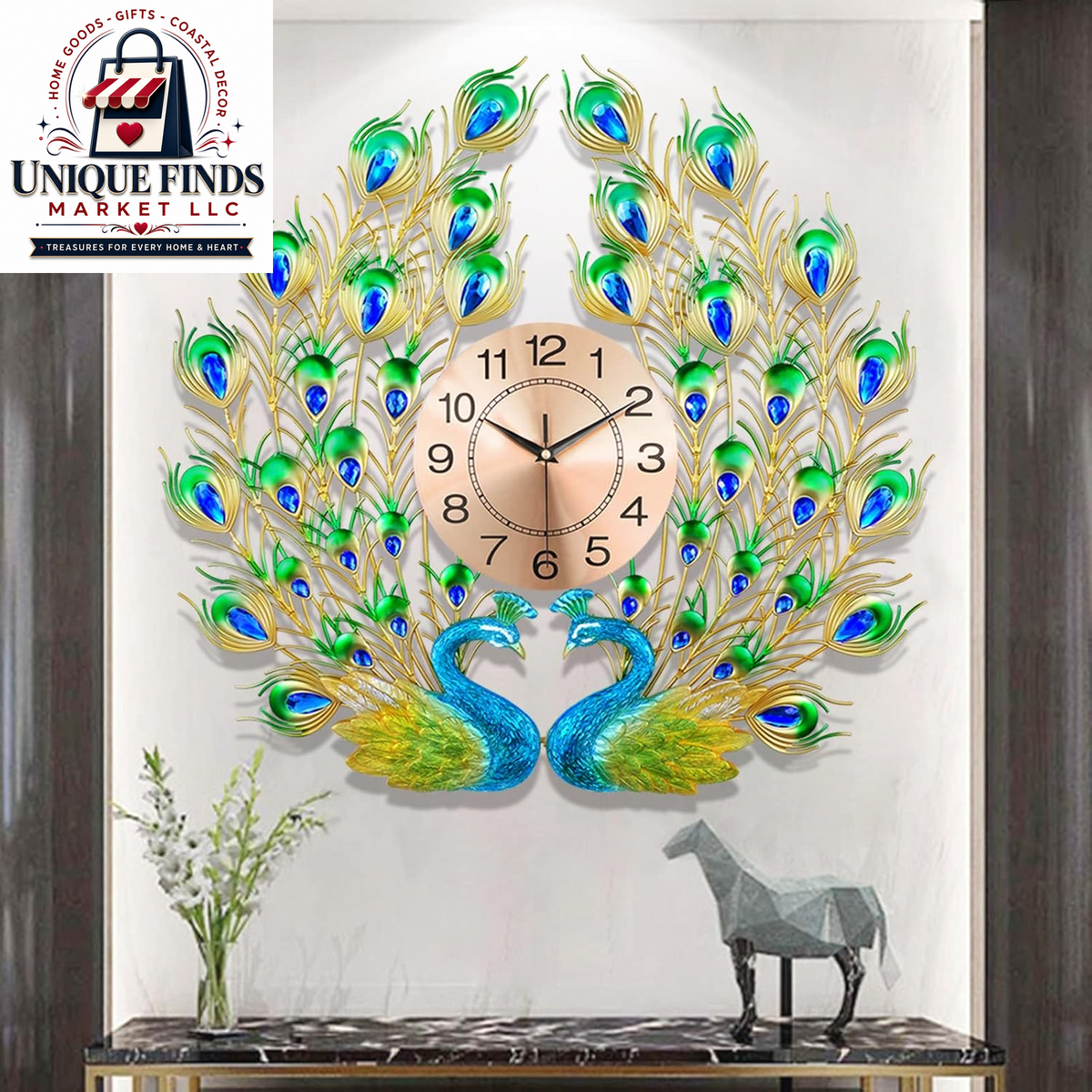 Large 28-Inch Silent Non-Ticking Peacock Wall Clock - 3D Luxury Decorative Timepiece for Living Room, Bedroom, and Dining Room Decor