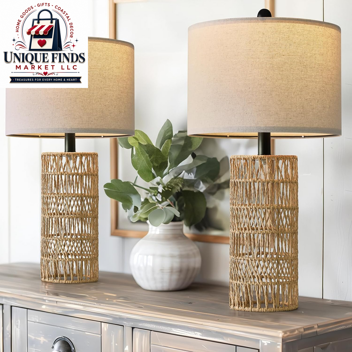 OYEARS 21" Bohemian Table Lamp Set of 2 for Living Room and Bedroom, Rattan Design for Nightstands and End Tables, Rustic Brown Farmhouse Decor