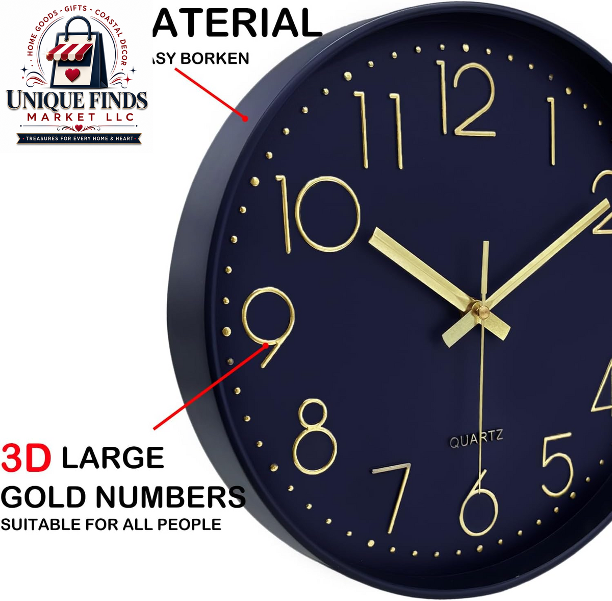 Contemporary 12-Inch Silent Wall Clock with Large Numerals, Battery Operated Non-Ticking Quartz Timepiece Featuring Tempered Glass for Living Room, Bedroom, Office, and Kitchen in Navy Blue