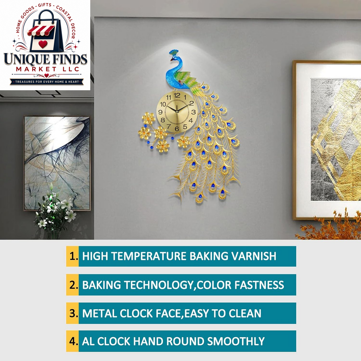 Large 31.5-Inch Metal Peacock Wall Clock - Silent Non-Ticking Digital Design for Living Room Decor in Gold