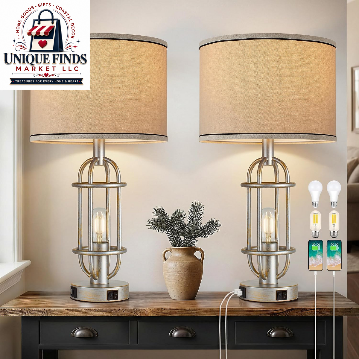 Reaketon 22.3-Inch Black Farmhouse Table Lamps for Living Room - Set of 2
