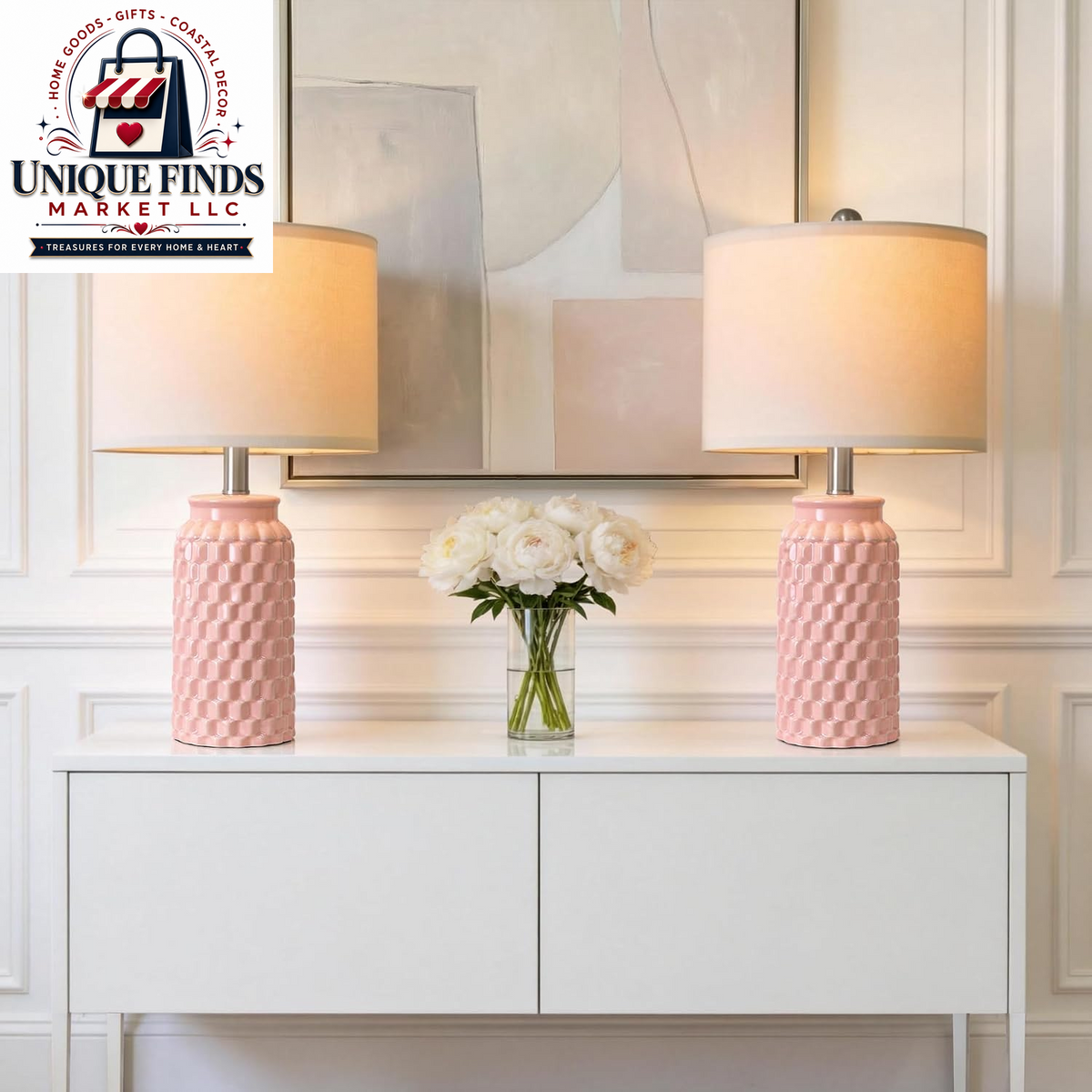 Set of 2 Pink Ceramic Nightstand Lamps, 20.5 Inches
