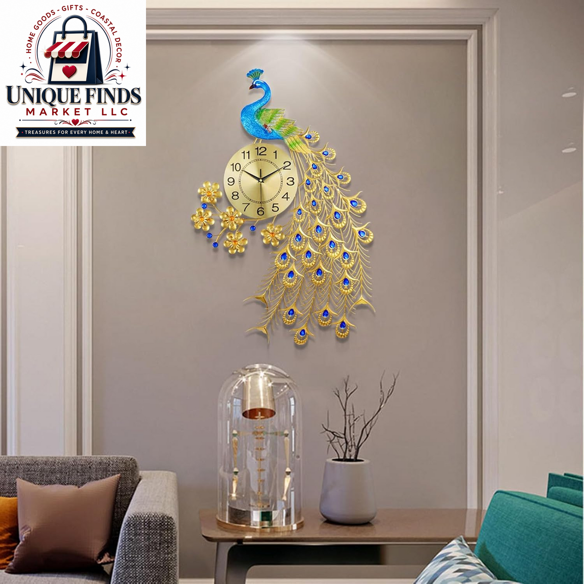 Large 31.5-Inch Metal Peacock Wall Clock - Silent Non-Ticking Digital Design for Living Room Decor in Gold