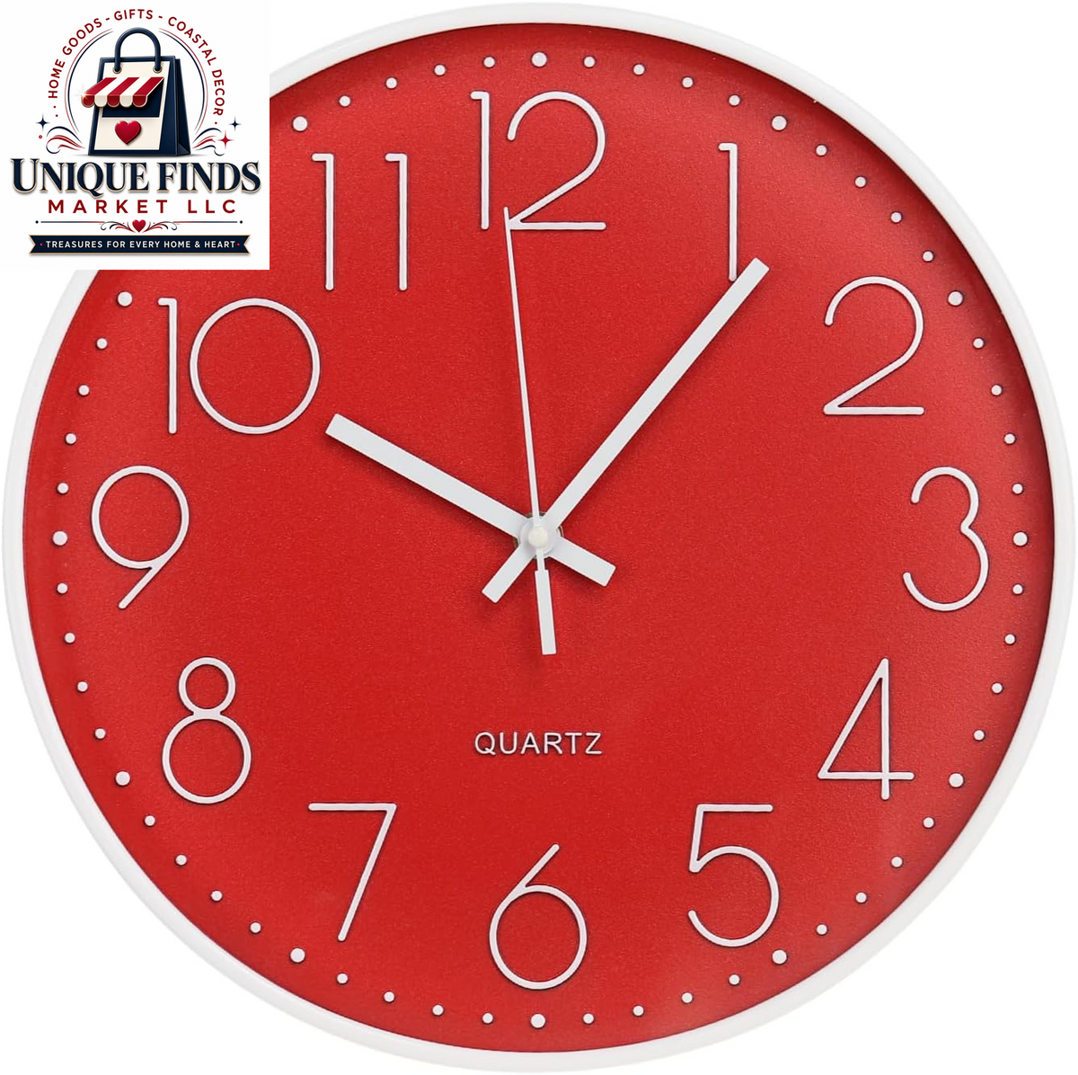 12-Inch Non-Ticking Silent Quartz Wall Clock with Red Stereoscopic Dial - Modern Round Design for Home, Office, School, Living Room, Bedroom, and Kitchen Decor