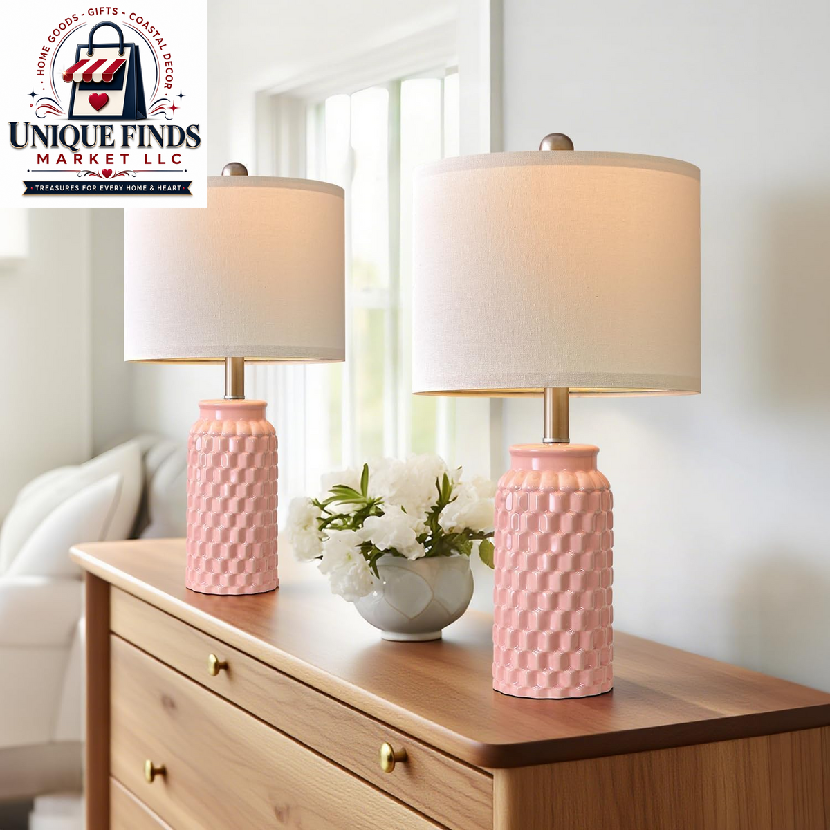 Set of 2 Pink Ceramic Nightstand Lamps, 20.5 Inches