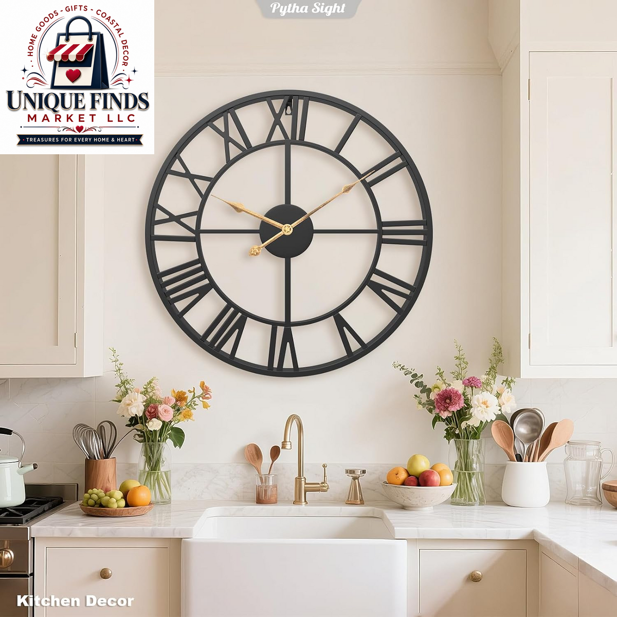 Pytha Sight 14-Inch Metal Wall Clock with Roman Numerals for Living Room Decor