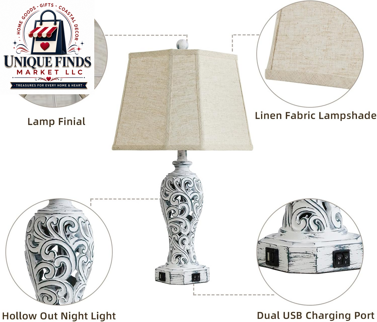 Set of 2 25-Inch Farmhouse Table Lamps for Living Room with USB C+A Ports