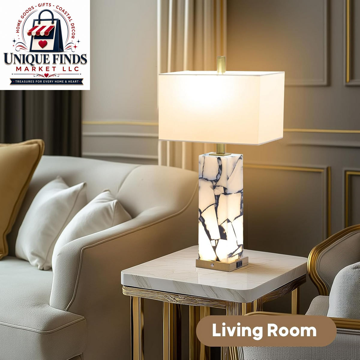 Set of 2 Alabaster Table Lamps with Nightlight - 25.7" Natural Marble Design
