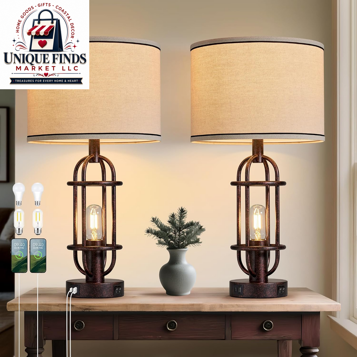 Reaketon 22.3-Inch Black Farmhouse Table Lamps for Living Room - Set of 2