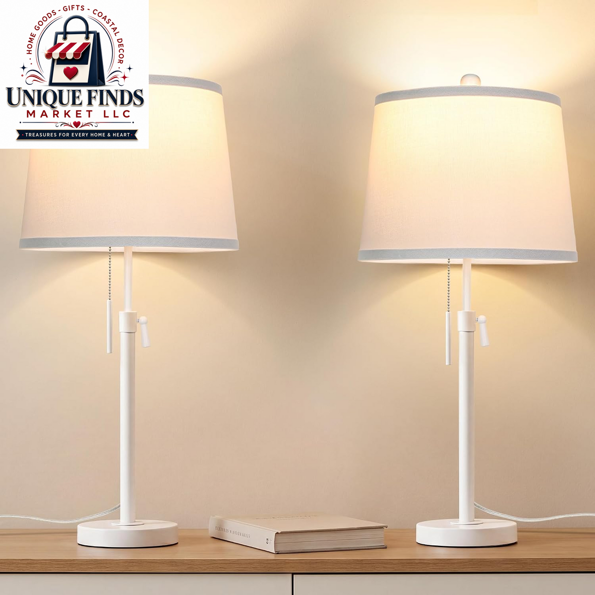 Set of 2 Adjustable Height Black Bedside Table Lamps: Modern 3-Way Dimmable Nightstand Lighting with Pull Chain Switch for Living Room and Office (Bulbs Included)