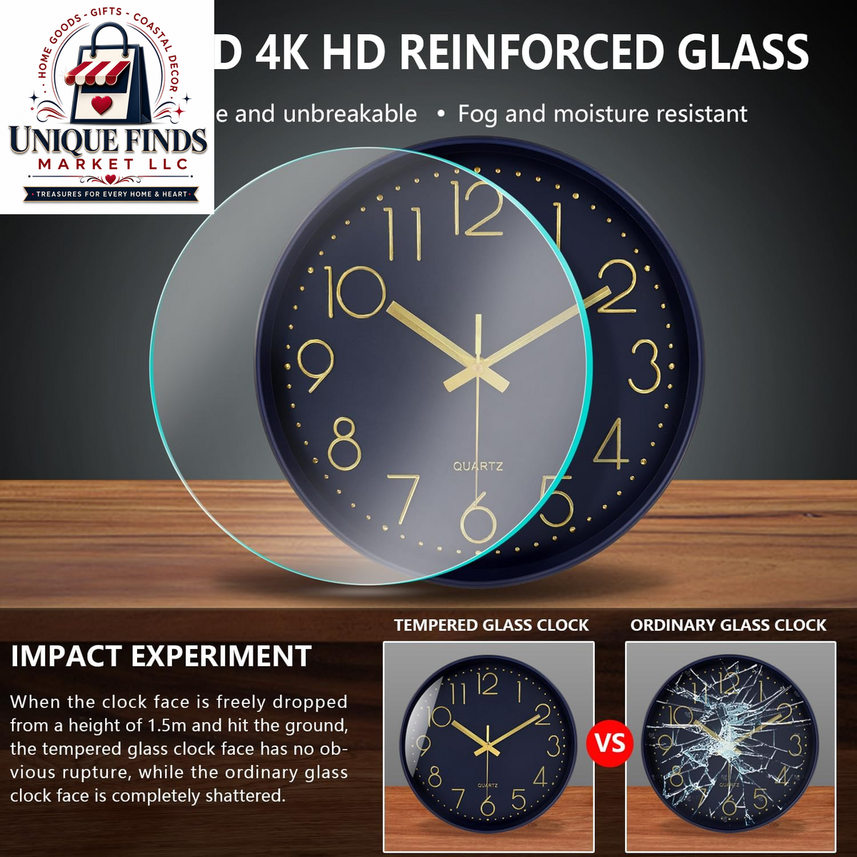 Contemporary 12-Inch Silent Wall Clock with Large Numerals, Battery Operated Non-Ticking Quartz Timepiece Featuring Tempered Glass for Living Room, Bedroom, Office, and Kitchen in Navy Blue