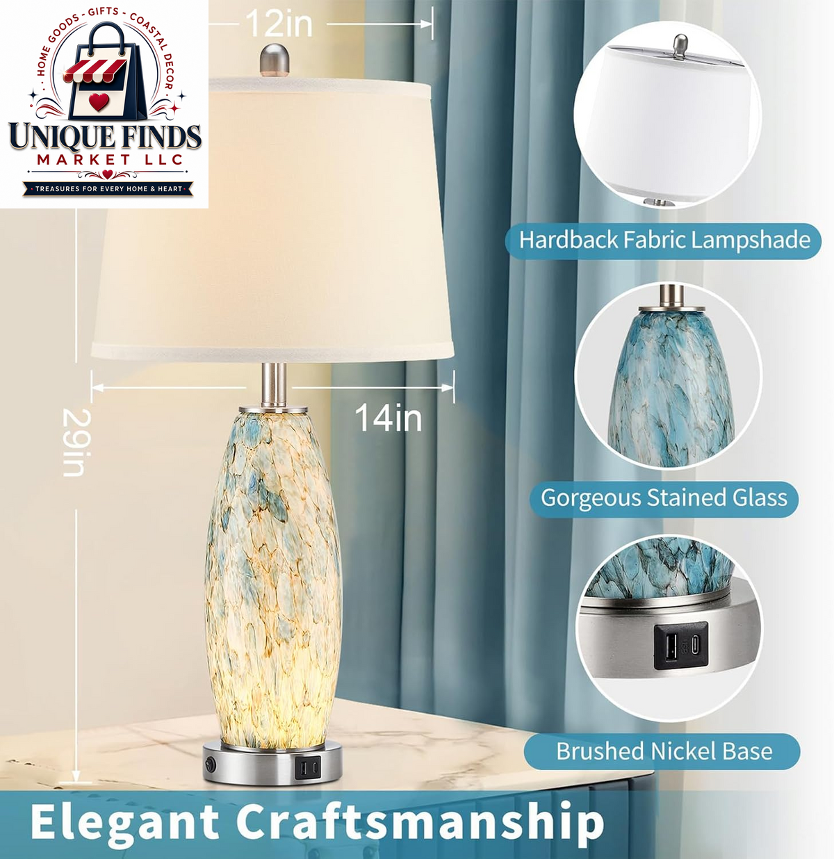 Lovlast 29-Inch Coastal Glass Table Lamp Set of 2 for Bedroom and Living Room