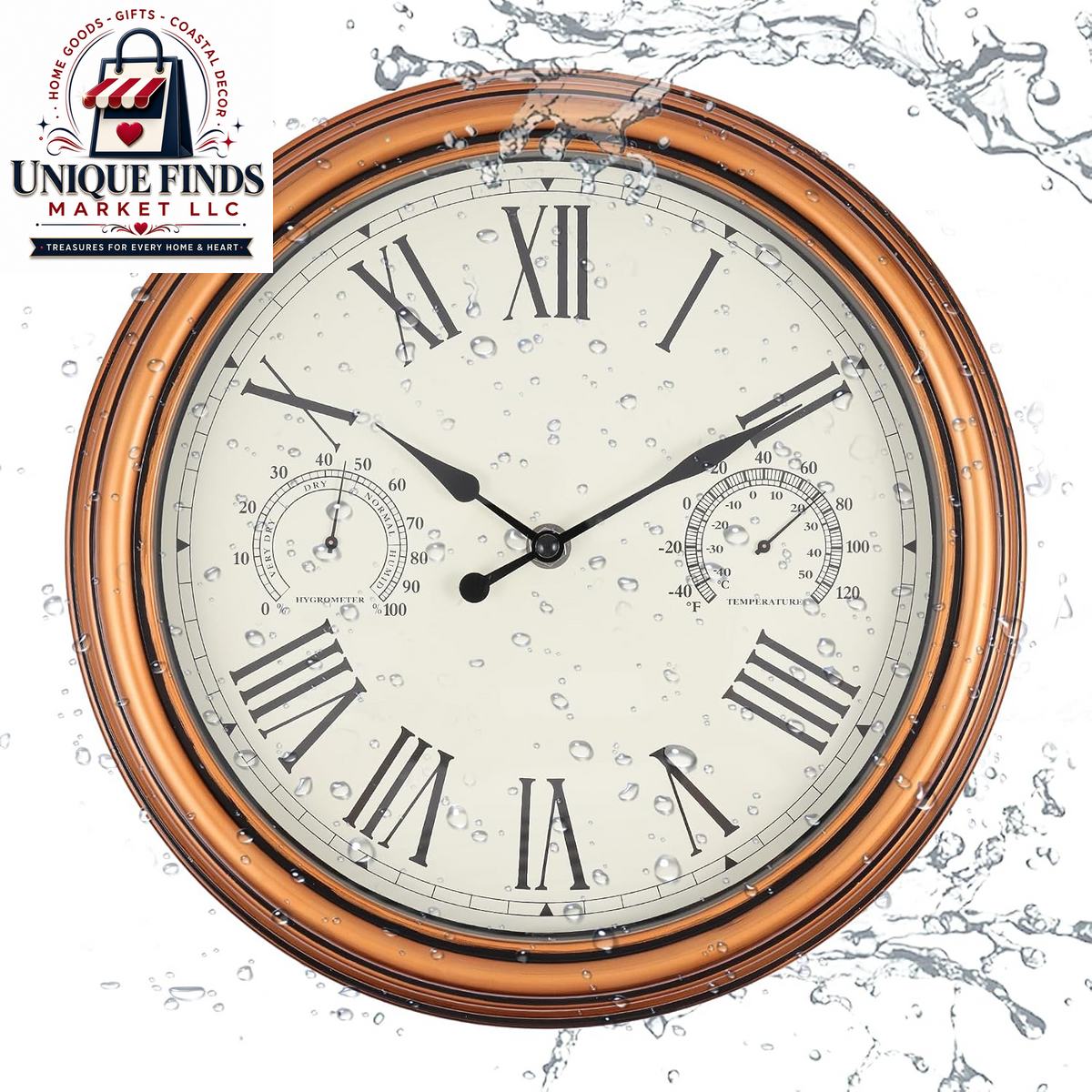 16-Inch Waterproof Outdoor Wall Clock with Temperature Display for Patio and Garden Use