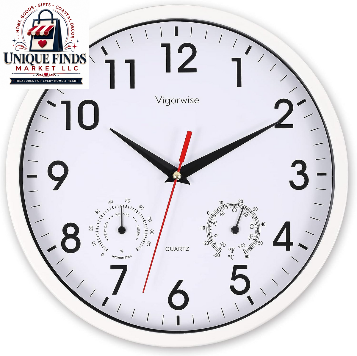 12-Inch Silent White Wall Clock with Integrated Temperature Display