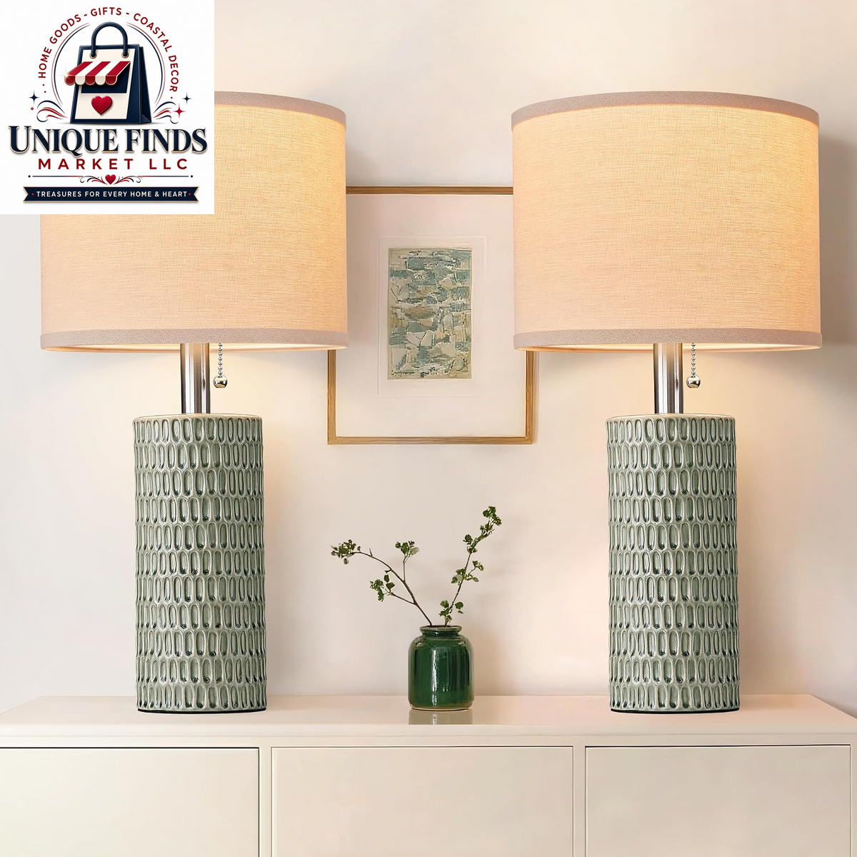 Reaketon Modern 20.5” Ceramic Table Lamps - Set of 2 in Green for Bedroom Decor