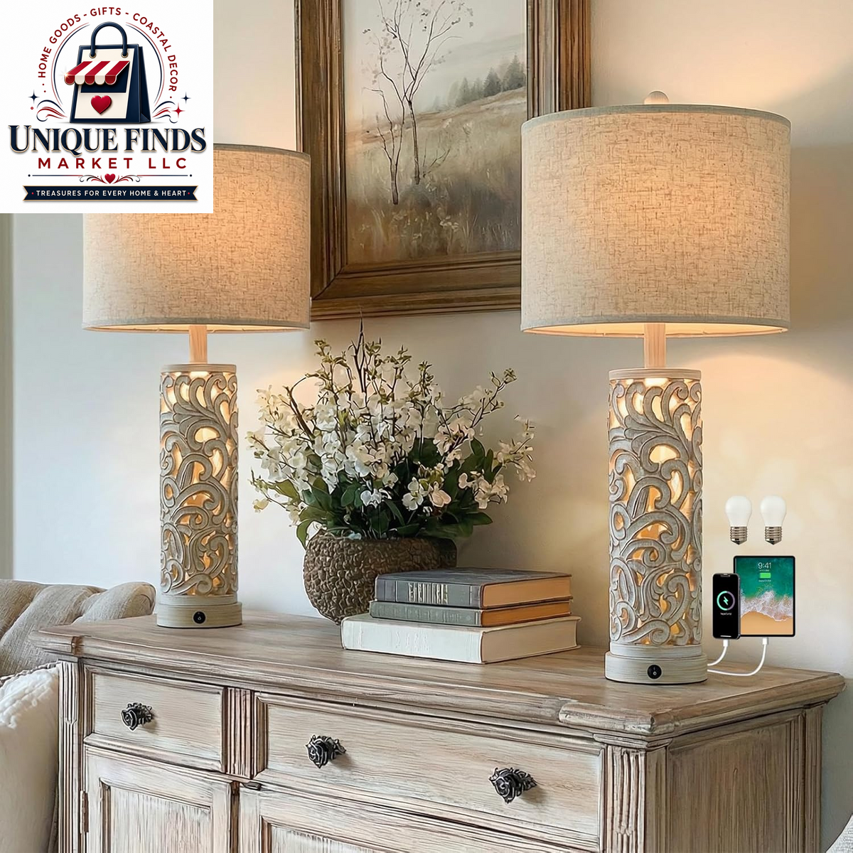 Set of 2 OYEARS 22-Inch Distressed Grey Bedside Table Lamps with Night Light
