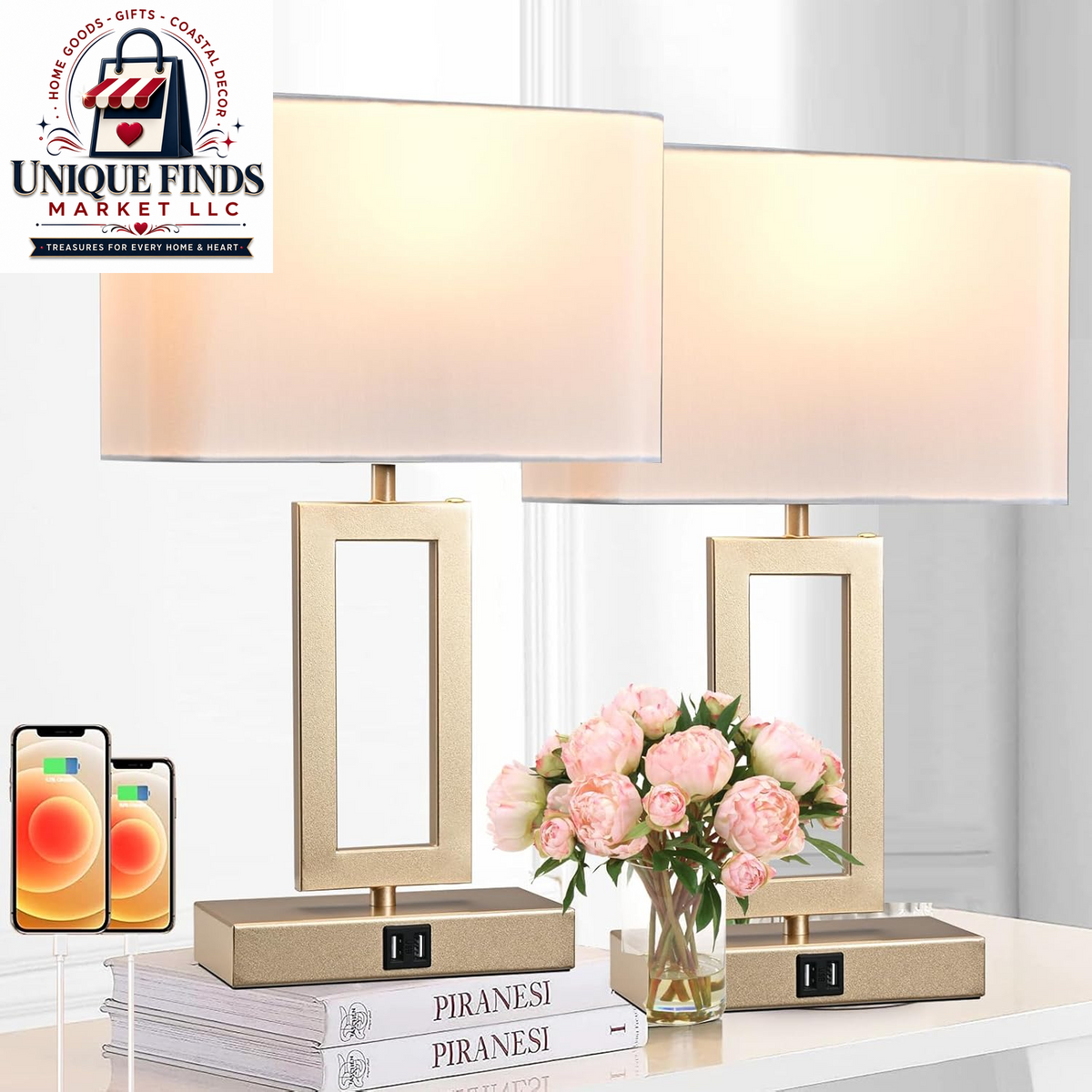Set of 2 Modern 22'' Black and Gold Touch Control Table Lamps with USB Ports, 3-Way Dimmable Function and LED Bulbs Included, Ideal for Bedrooms and Living Room End Tables