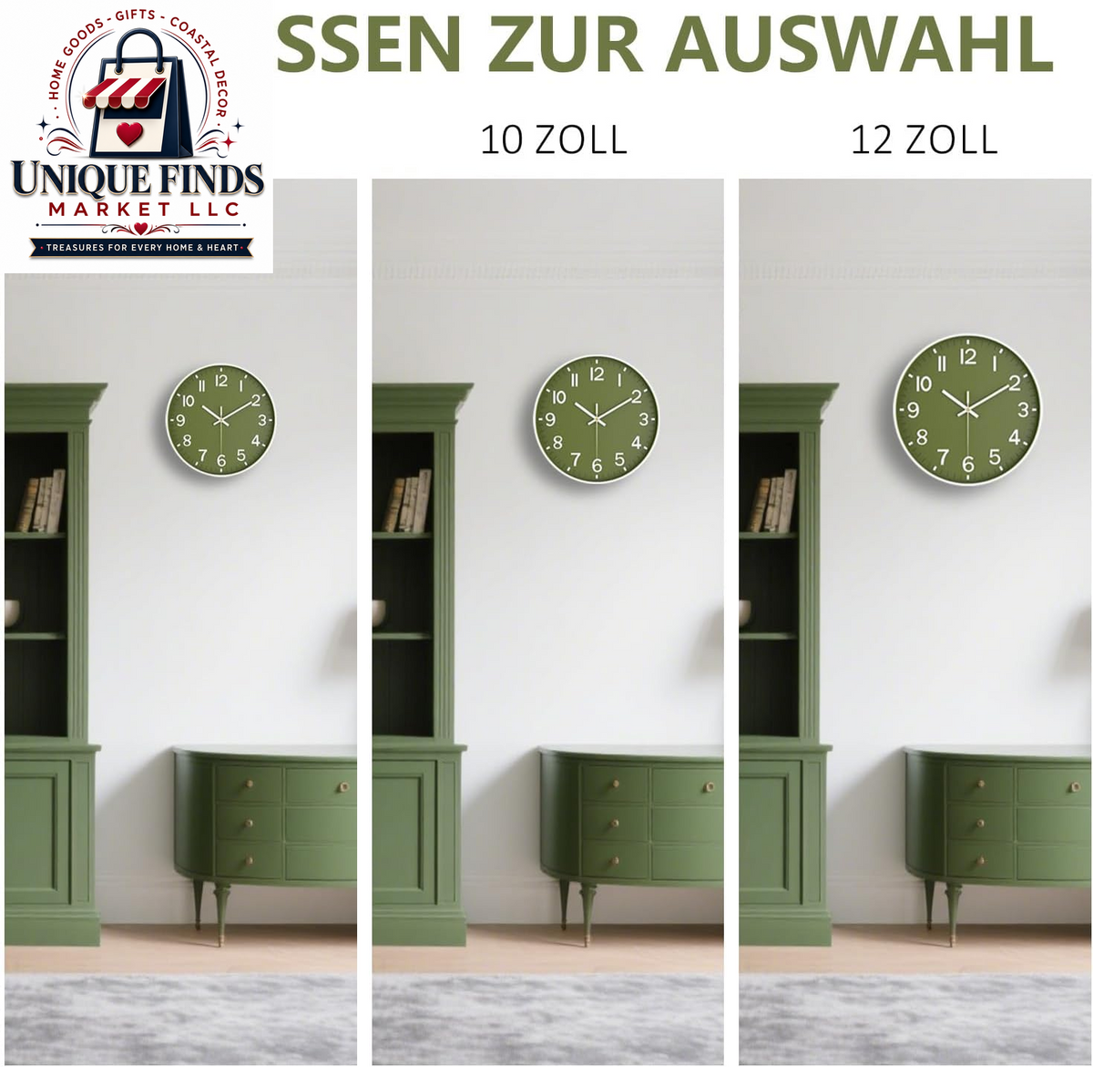 Battery Operated 12-Inch Silent Analog Wall Clock with Large Numbers for Home and Office Decor - Olive Green