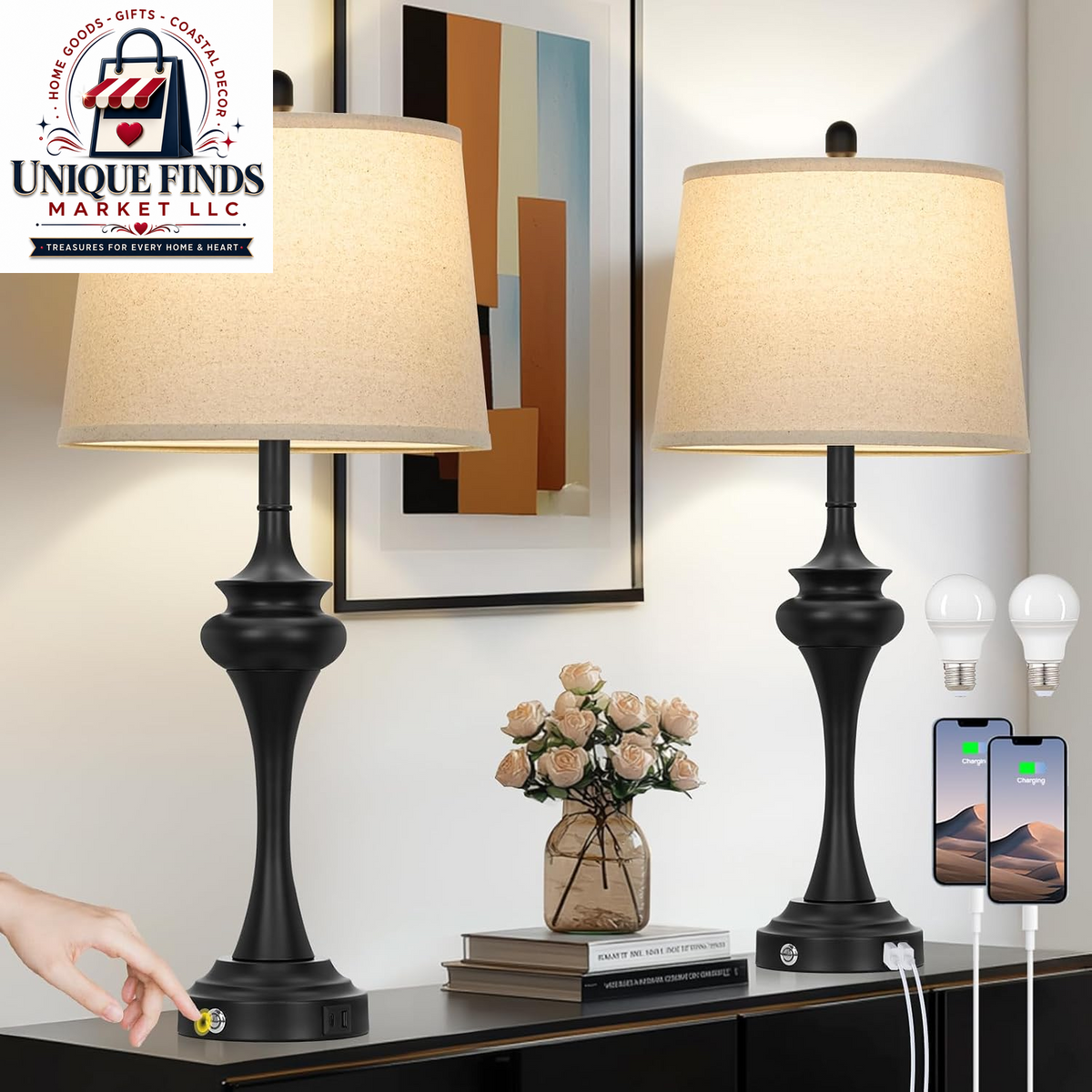 Rinweey 27-Inch Black Table Lamps Set of 2 with 3-Way Touch Control and USB A+C Ports, Modern Metal Nightstand Lamps for Living Room, Bedroom, and Office Decor