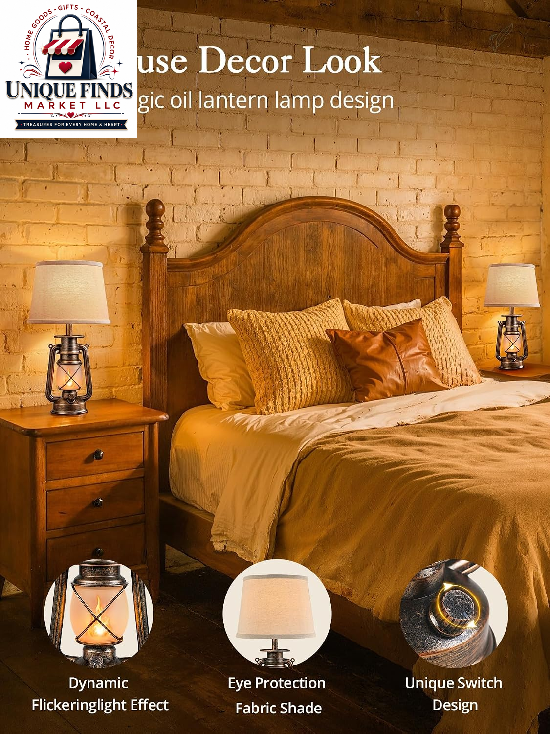 LEDIARY Set of 2 18.72" Black and Gold Lantern Table Lamps with Flickering Flame Effect
