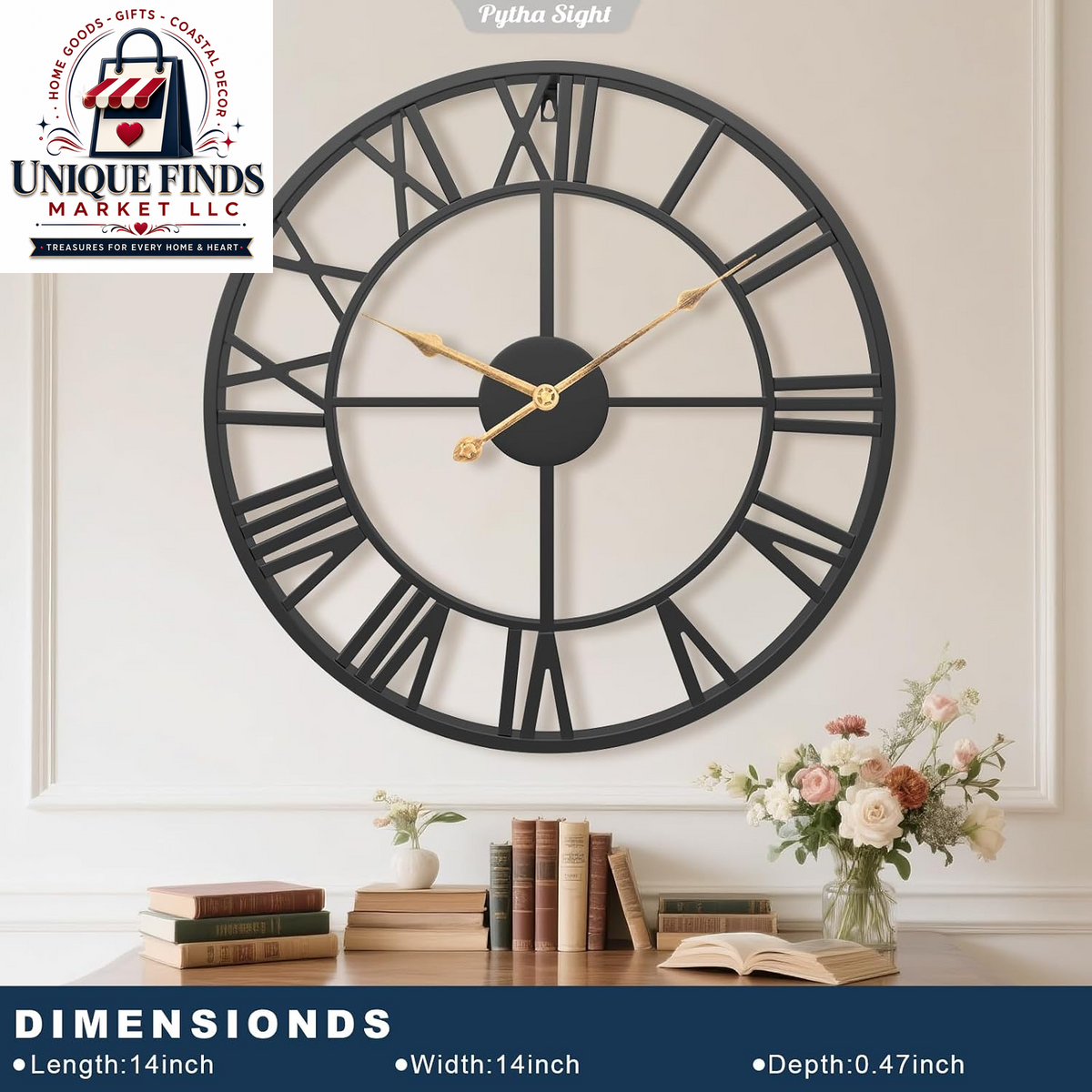 Pytha Sight 14-Inch Metal Wall Clock with Roman Numerals for Living Room Decor