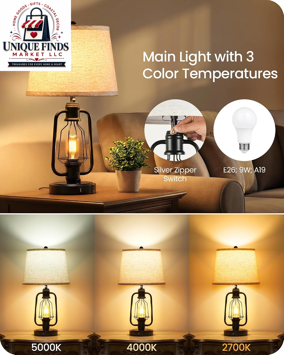 Set of 2 Farmhouse Industrial Bedside Table Lamps with USB Ports, Rustic Vintage Nightstand Desk Lamps for Living Room and Bedroom, Includes 4 Bulbs, Beige and Black E14TLP205