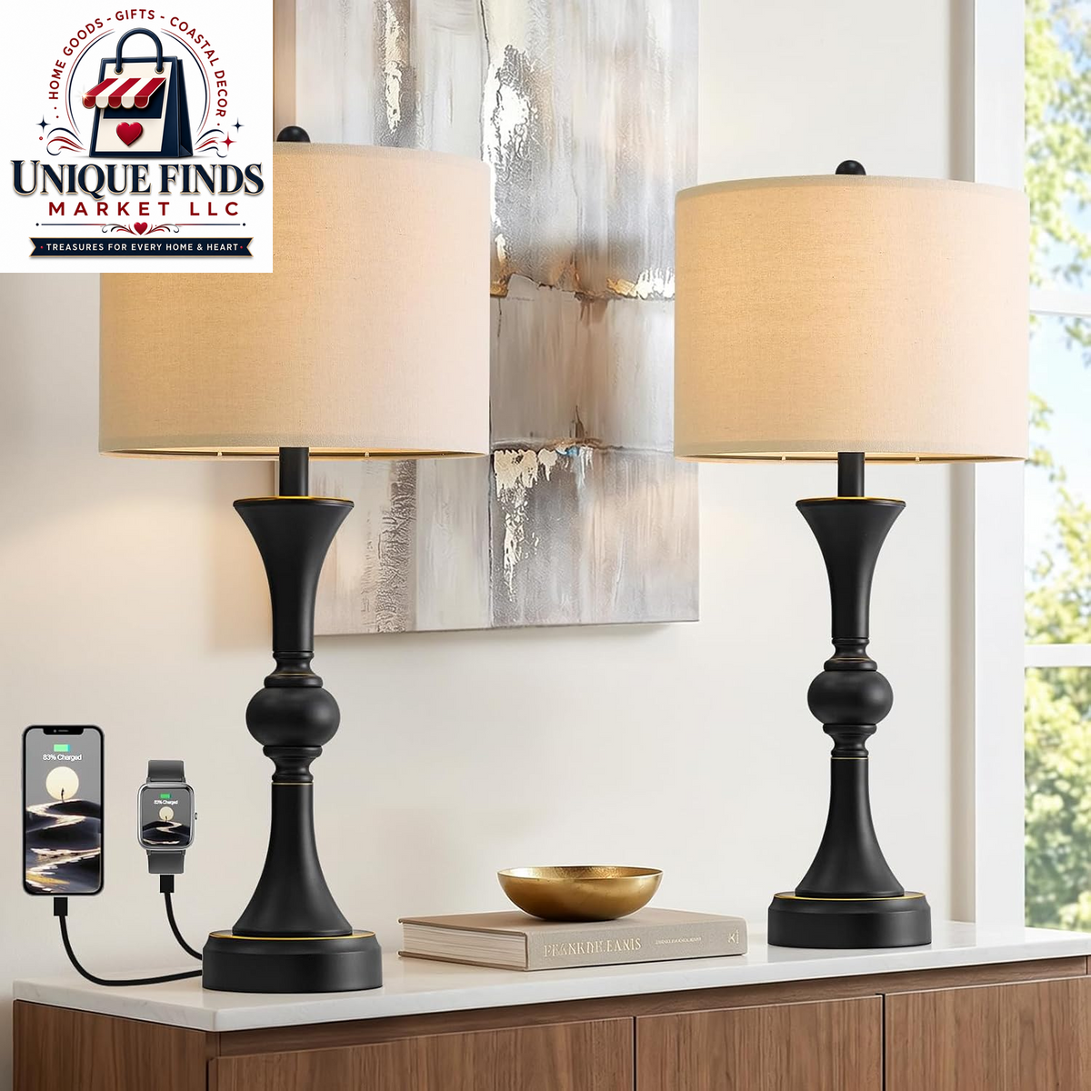 Oneach 28" Black Tall Table Lamp Set of 2 with USB Ports for Living Room
