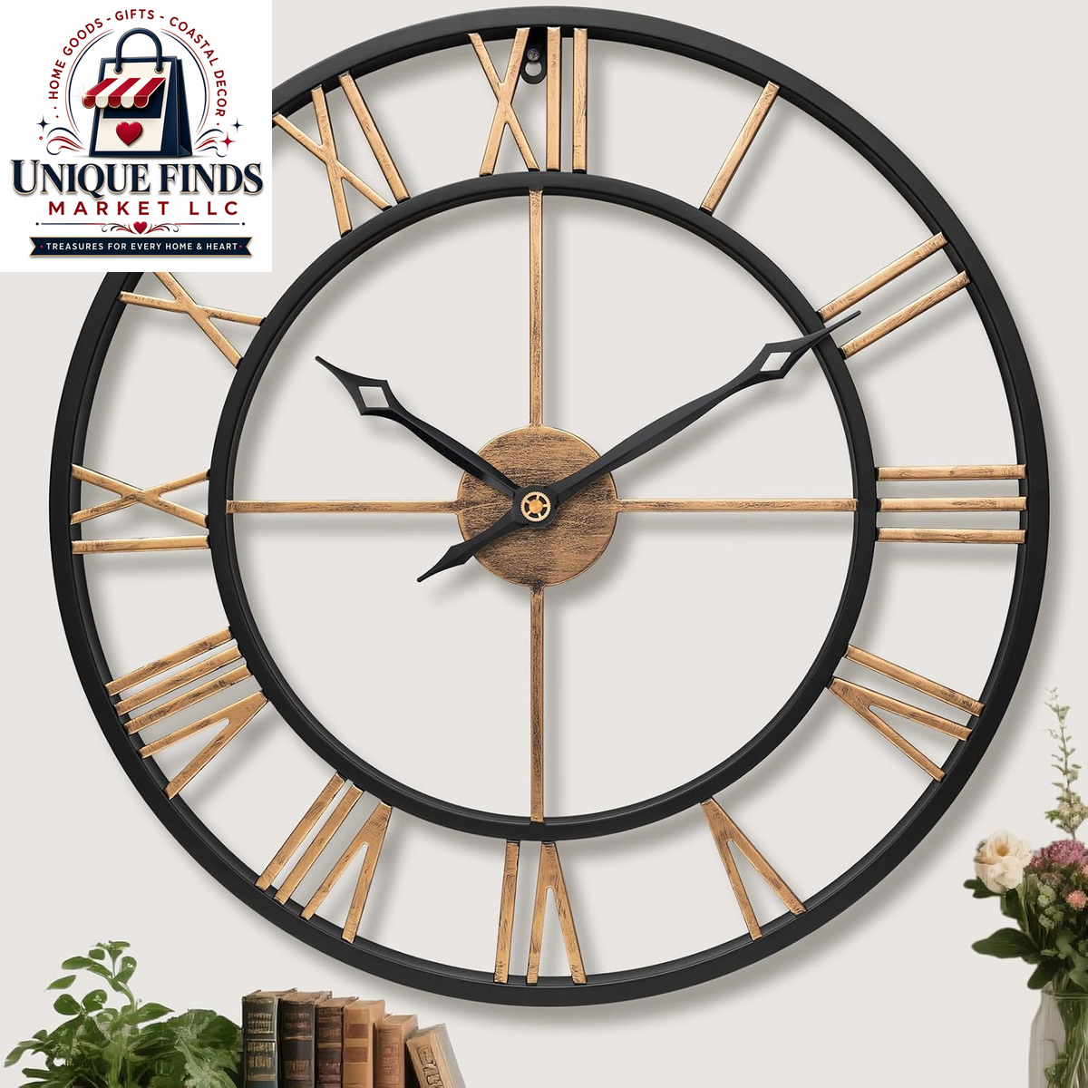 16-Inch Vintage Gold Metal Wall Clock with Roman Numerals