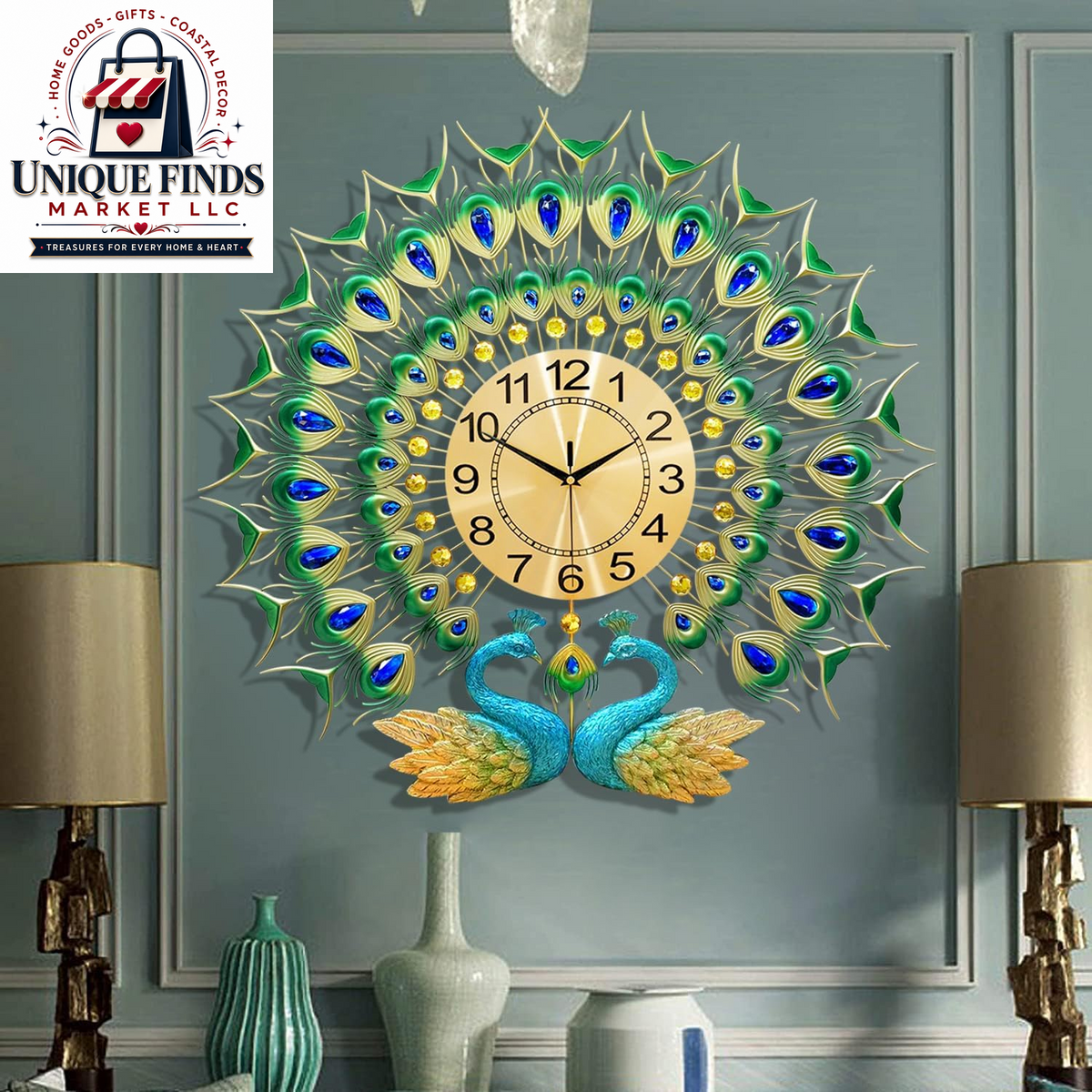 Large 31.5-Inch Metal Peacock Wall Clock - Silent Non-Ticking Digital Design for Living Room Decor in Gold