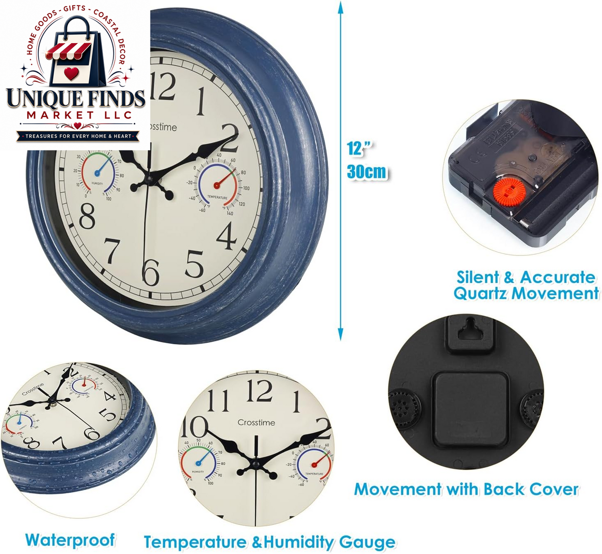 Crosstime 12-Inch Indoor/Outdoor Retro Wall Clock - Battery Operated and Silent, Blue