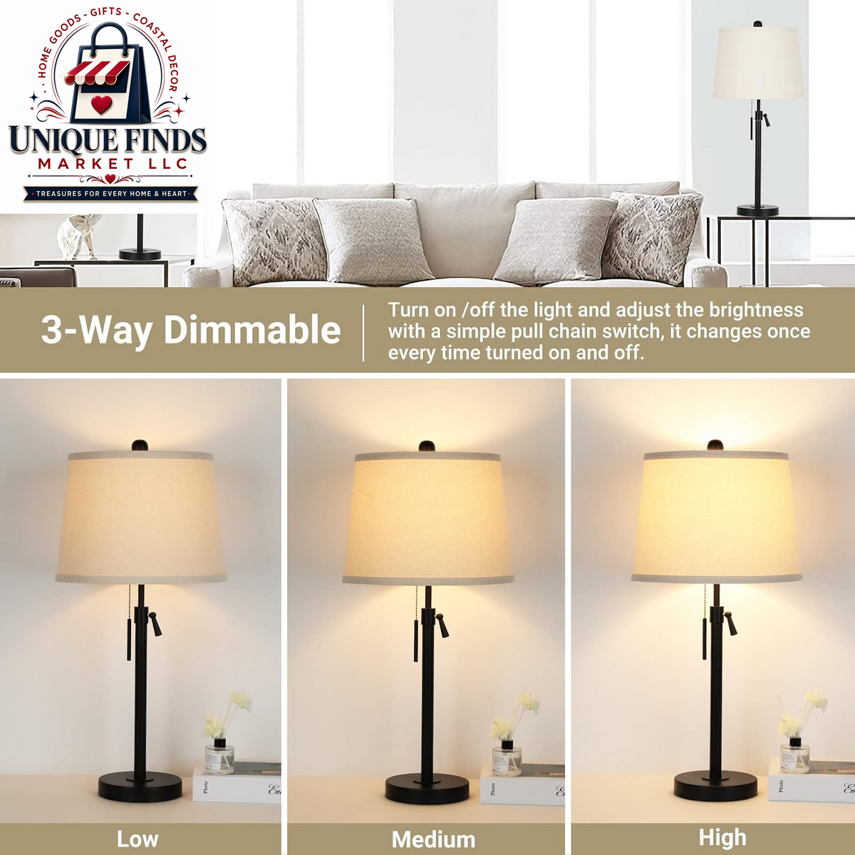 Set of 2 Adjustable Height Black Bedside Table Lamps: Modern 3-Way Dimmable Nightstand Lighting with Pull Chain Switch for Living Room and Office (Bulbs Included)