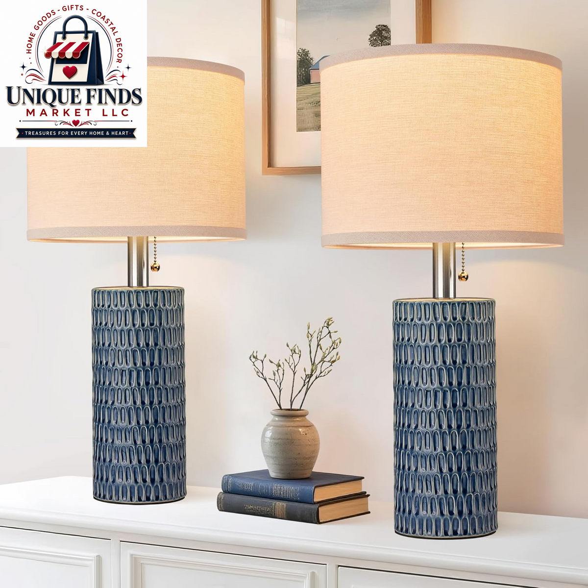 Reaketon 20” Modern Table Lamps Set of 2, Lamps for Bedroom, Blue
