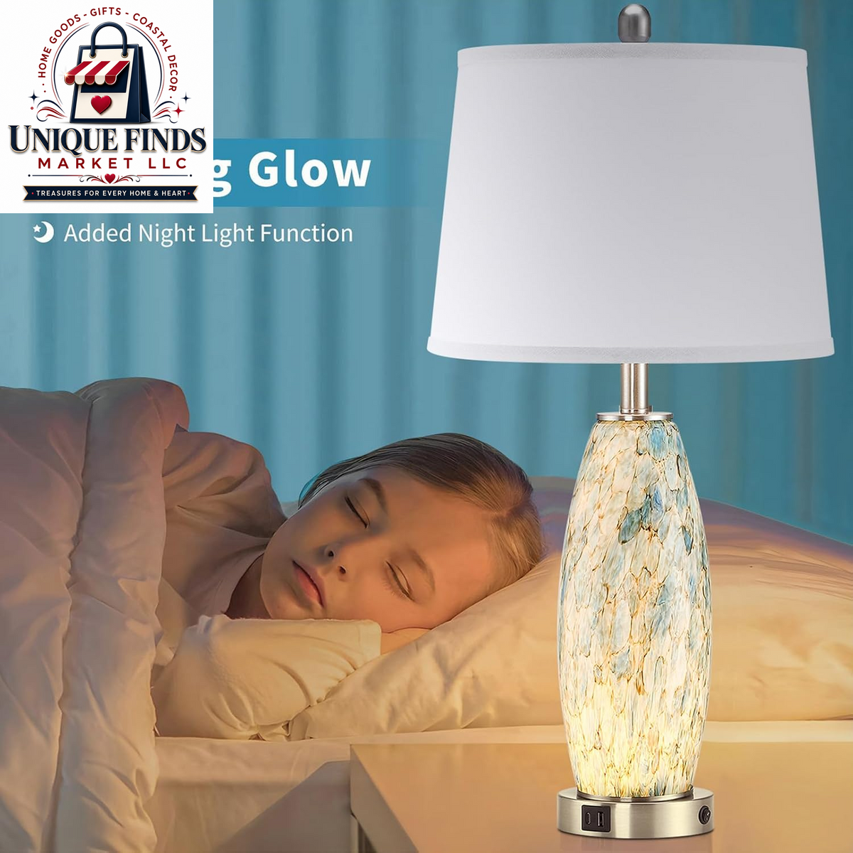 Lovlast 29-Inch Coastal Glass Table Lamp Set of 2 for Bedroom and Living Room